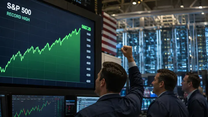 Pregão da NYSE, telas com S&P 500 em alta e um data center real ao fundo. Fotografia editorial realista.