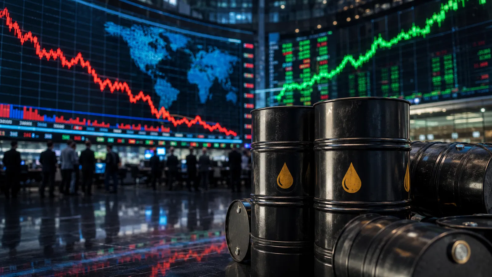 Mapa financeiro global, bolsas em alta e barris de petróleo em primeiro plano, estilo fotojornalístico.
