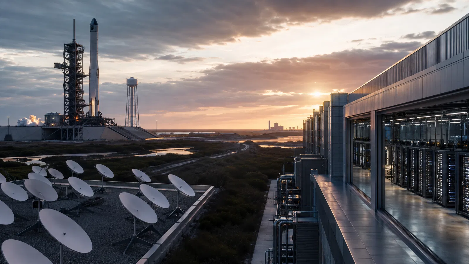 Foguete SpaceX, antenas Starlink e racks de data center em composição editorial realista.