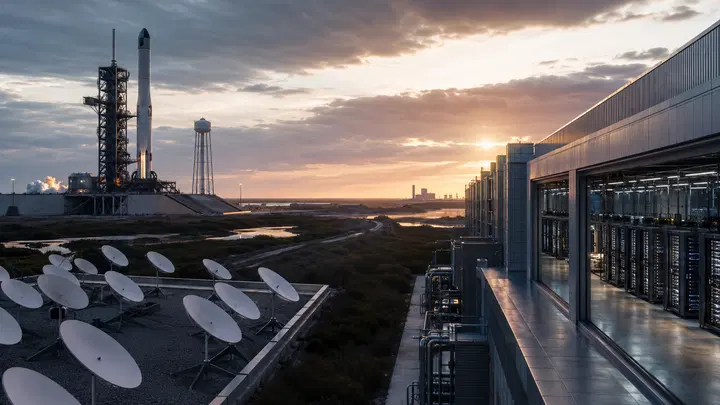 Foguete SpaceX, antenas Starlink e racks de data center em composição editorial realista.