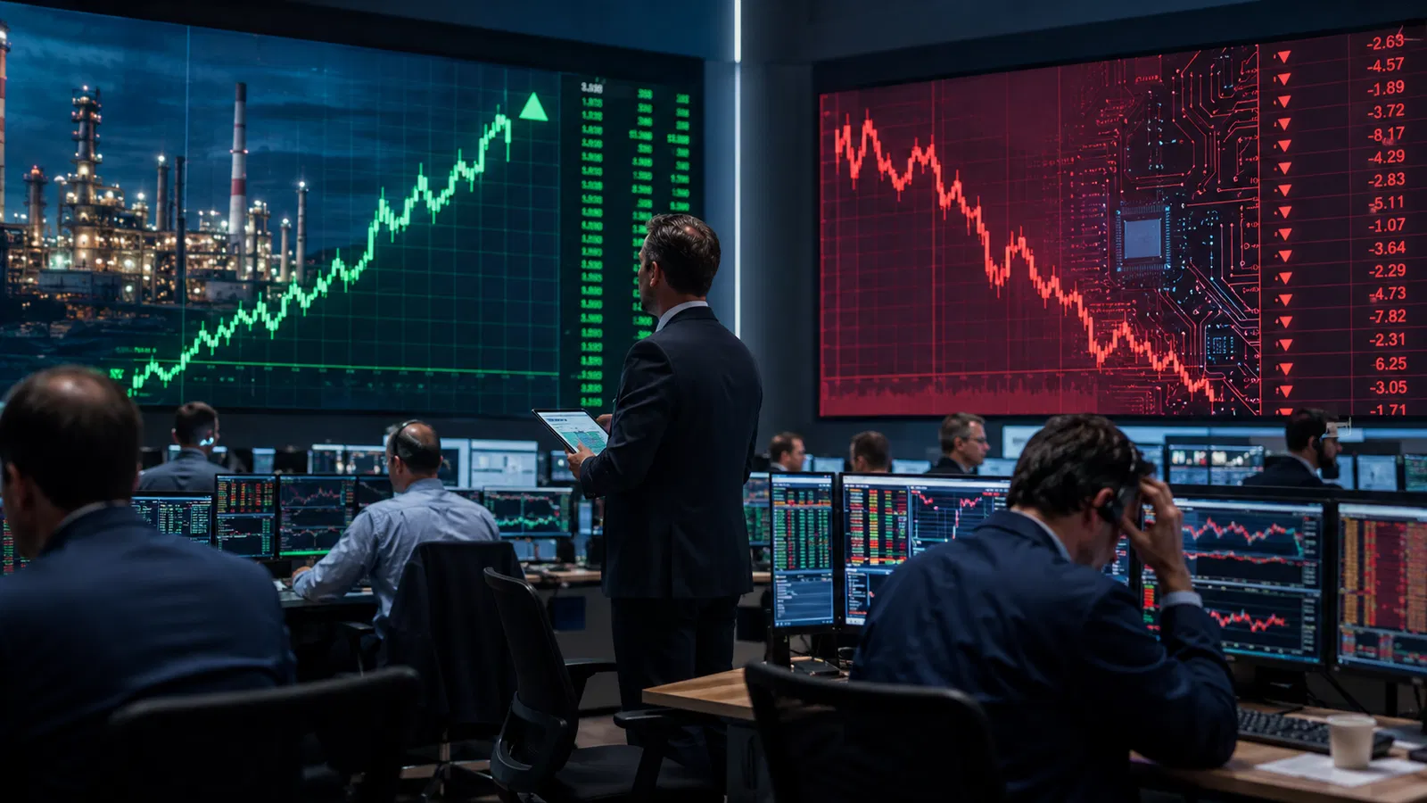 Painel de setores de bolsa com saúde, indústria e tecnologia em direções diferentes.