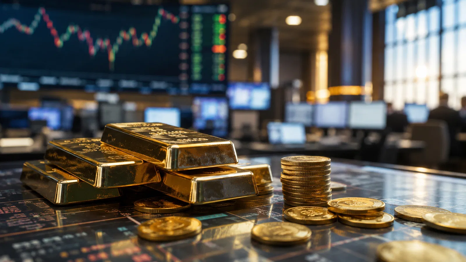 Barras de ouro reais sobre mesa institucional, com tela de mercado ao fundo.