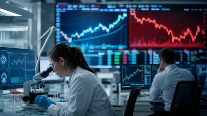 Painel de setores de bolsa com saúde, indústria e tecnologia em direções diferentes.