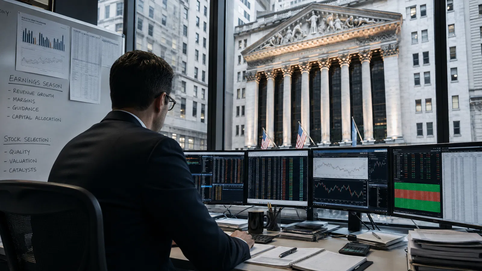 Pregão da NYSE, telas com S&P 500 em alta e um data center real ao fundo. Fotografia editorial realista.