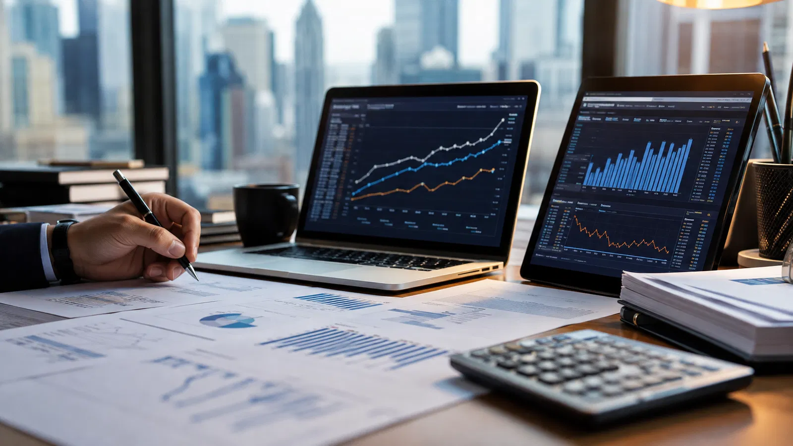 Relatório de emprego dos Estados Unidos sobre mesa de trader, com prédio do Fed ao fundo.