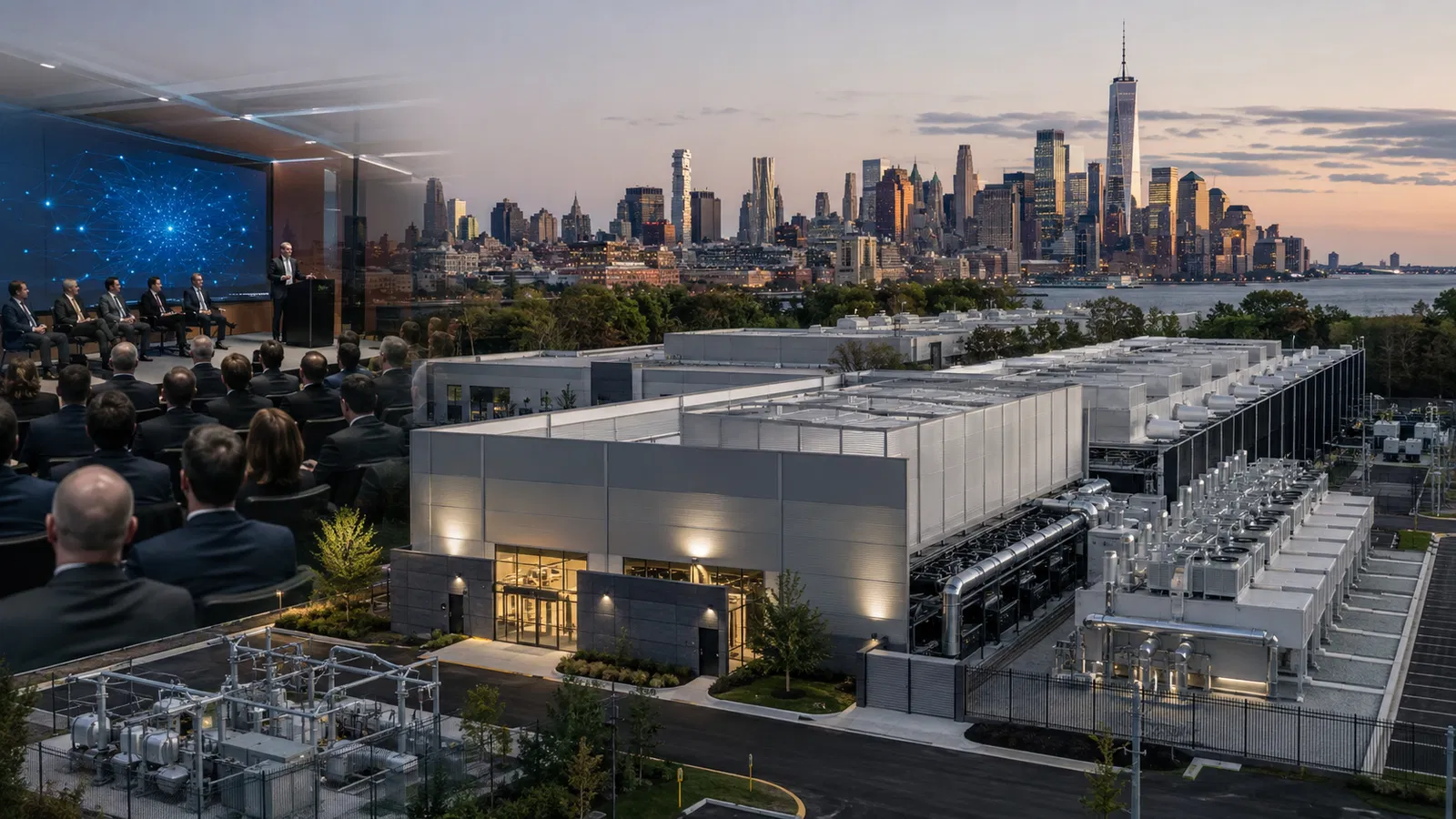 Foto real de Jensen Huang, skyline de Wall Street e campus de data center.