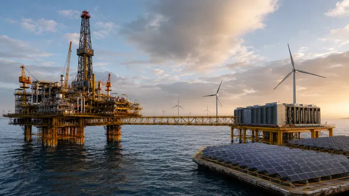 Plataforma de petróleo e parque de energia renovável conectados a data center.