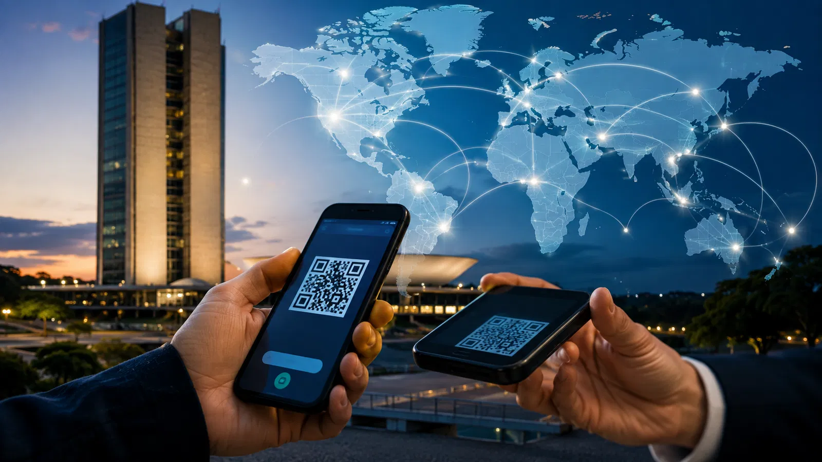 QR Code do Pix em celular, mapa global e Banco Central do Brasil.