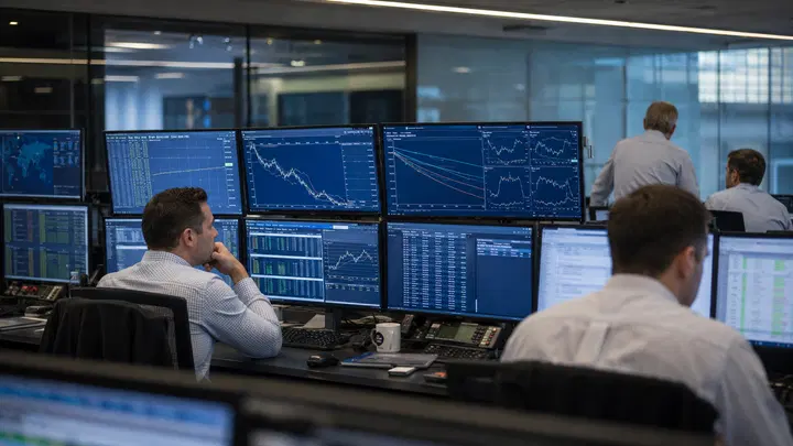 Mesa de hedge fund com múltiplos monitores e gráfico de tecnologia em correção.