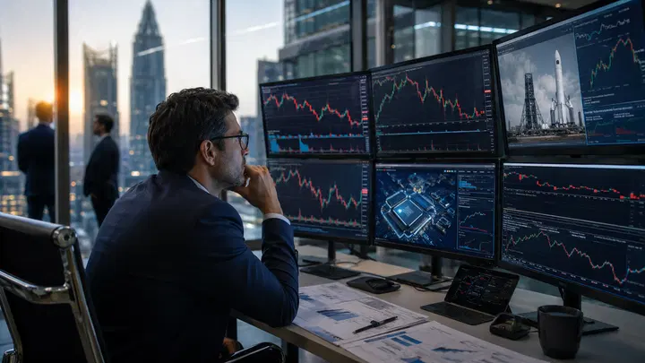 Bolsa de Nairóbi, investidores locais e telas de empresas globais de tecnologia.