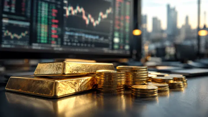 Barras de ouro reais sobre mesa institucional, com tela de mercado ao fundo.