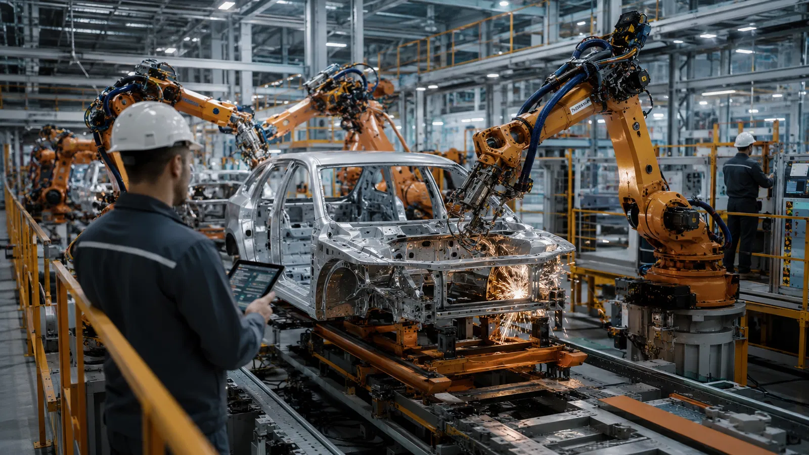 Linha de produção chinesa e painel de preços industriais em estilo fotojornalístico.