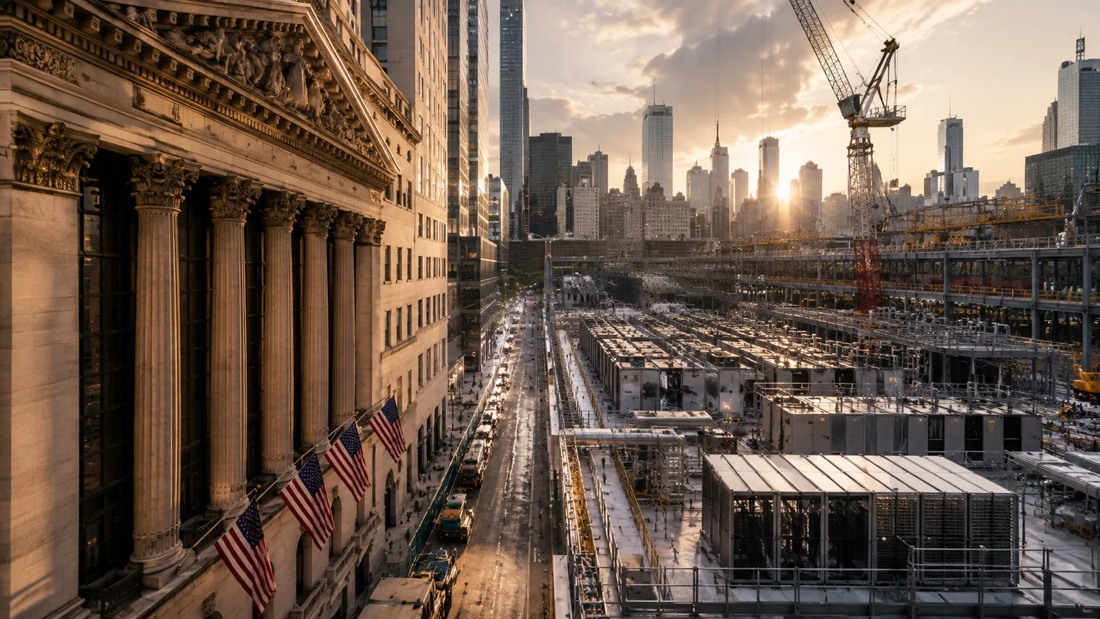 Data center em construção nos Estados Unidos com equipamentos industriais.