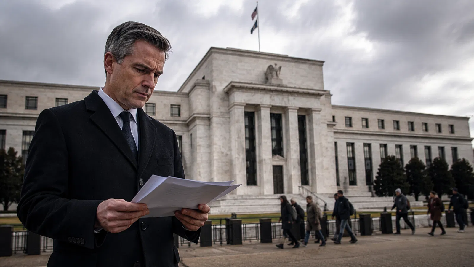 Relatório de emprego dos Estados Unidos sobre mesa de trader, com prédio do Fed ao fundo.