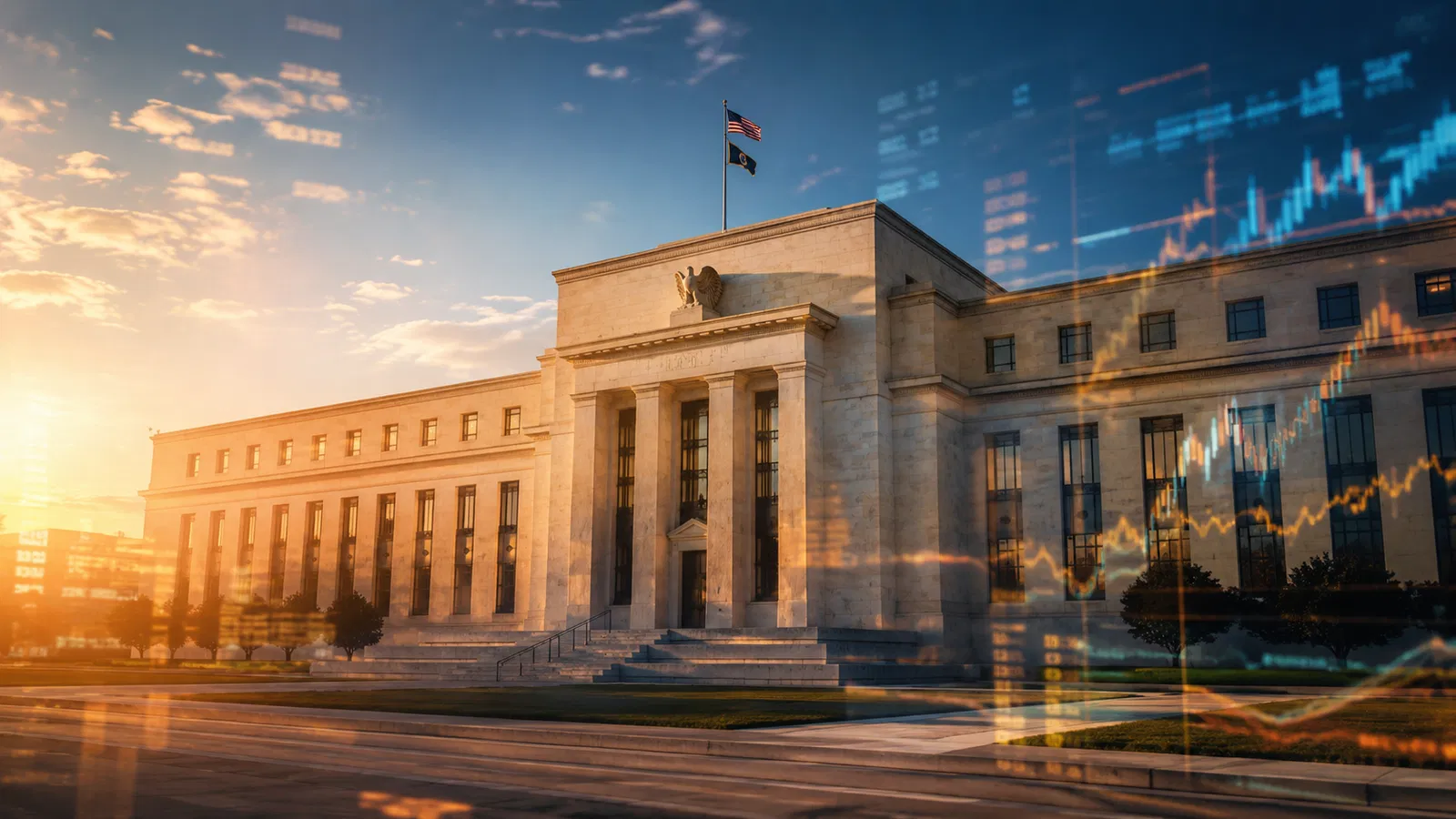 Relatório de emprego dos Estados Unidos sobre mesa de trader, com prédio do Fed ao fundo.