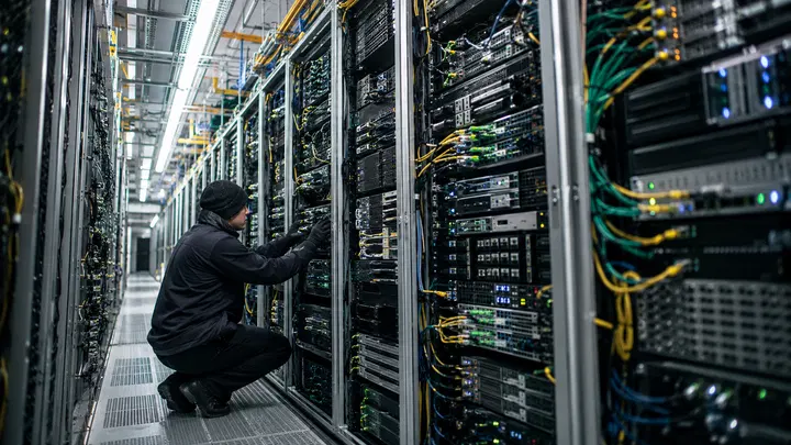Foguete SpaceX, antenas Starlink e racks de data center em composição editorial realista.