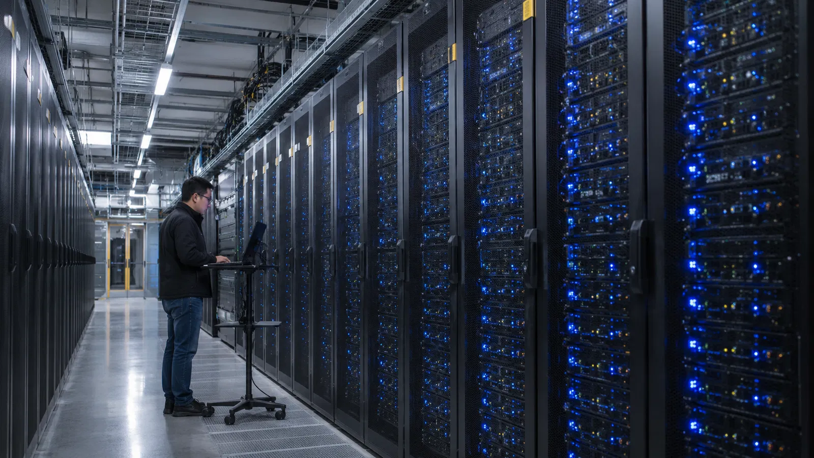 Data center em construção e tela de mercado de crédito.