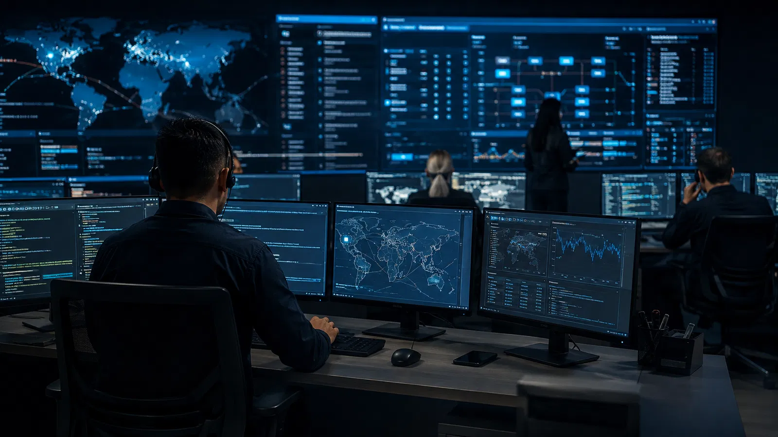 Servidores Cloudflare, mapa de rede global e equipe de segurança.