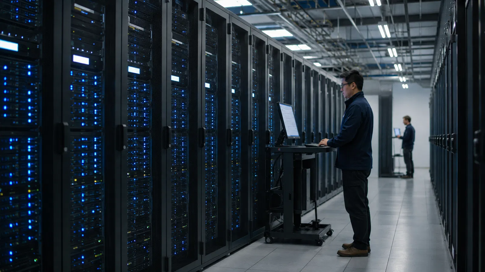 Foguete SpaceX, antenas Starlink e racks de data center em composição editorial realista.