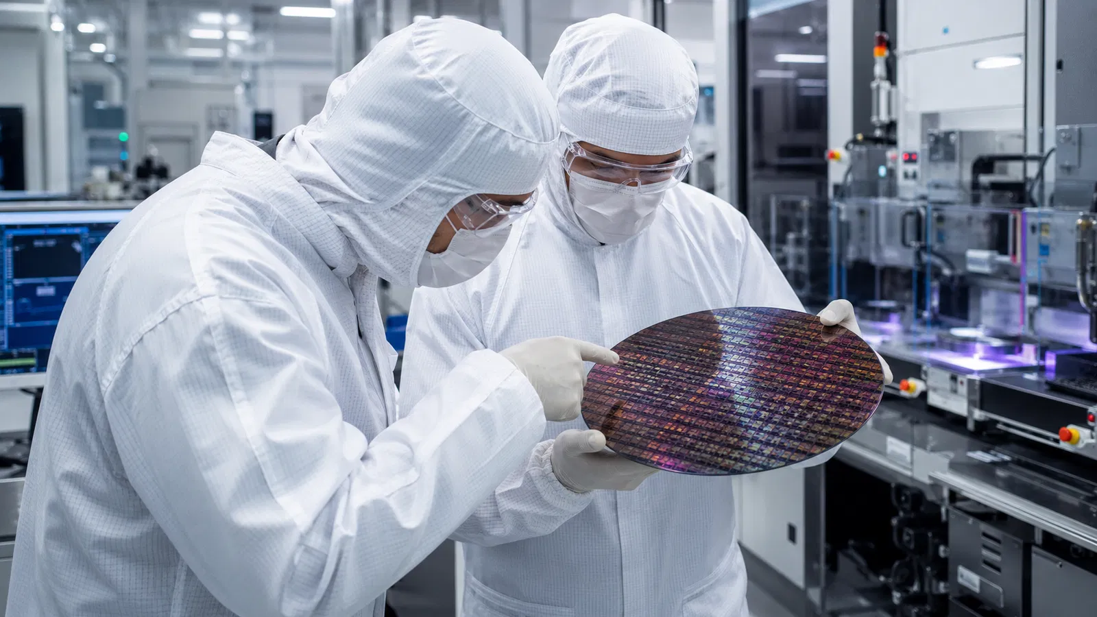 Chip AMD em laboratório e corredor de data center, fotografia macro realista.
