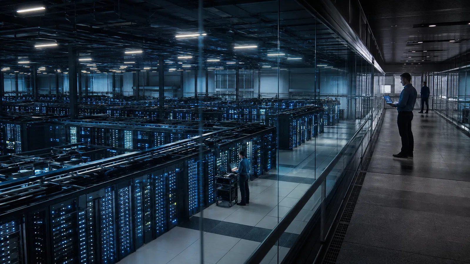Corredor de data center real e planilha financeira discreta em primeiro plano.