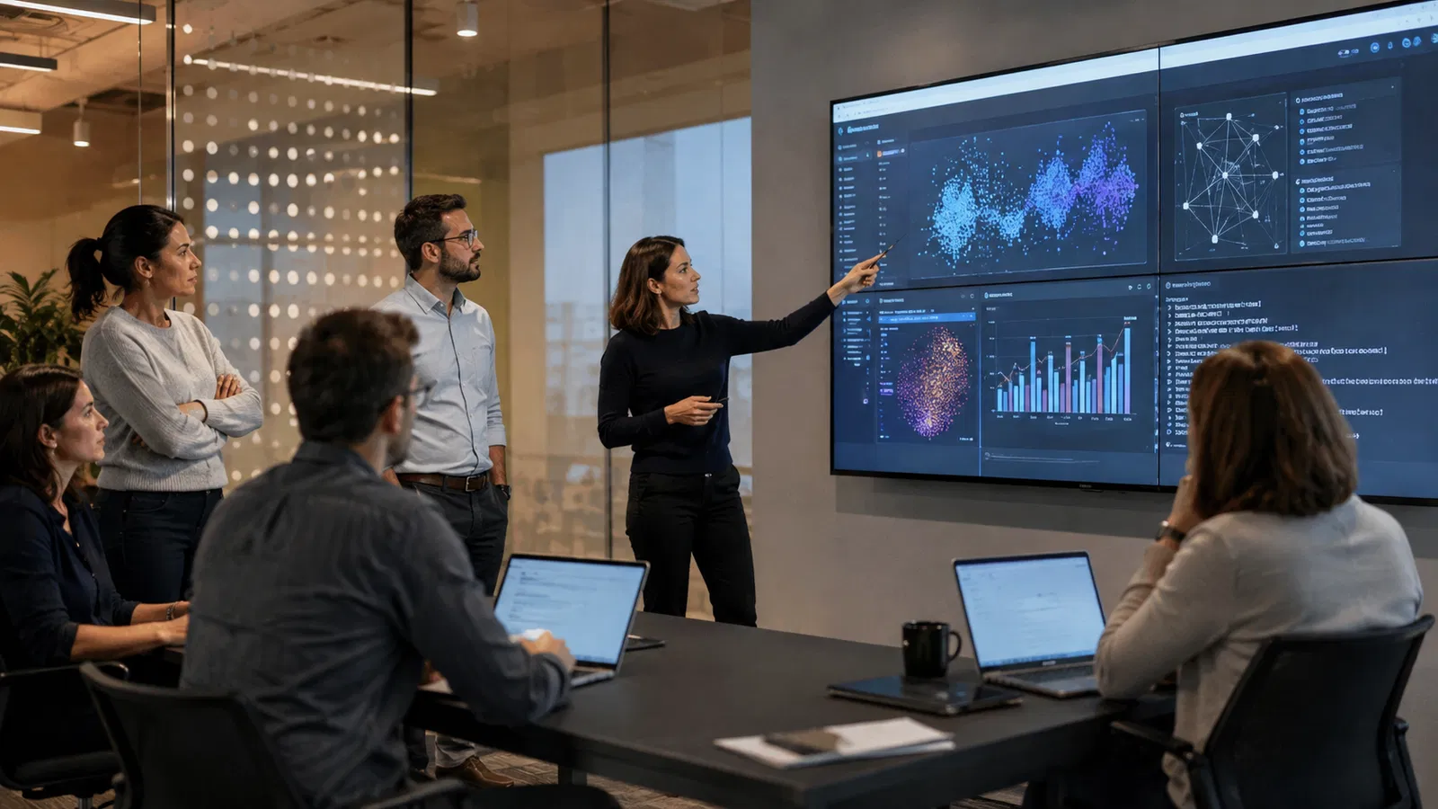 Campus real do Google DeepMind, pesquisadores e telas de modelos.