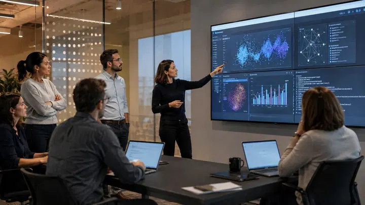 Campus real do Google DeepMind, pesquisadores e telas de modelos.