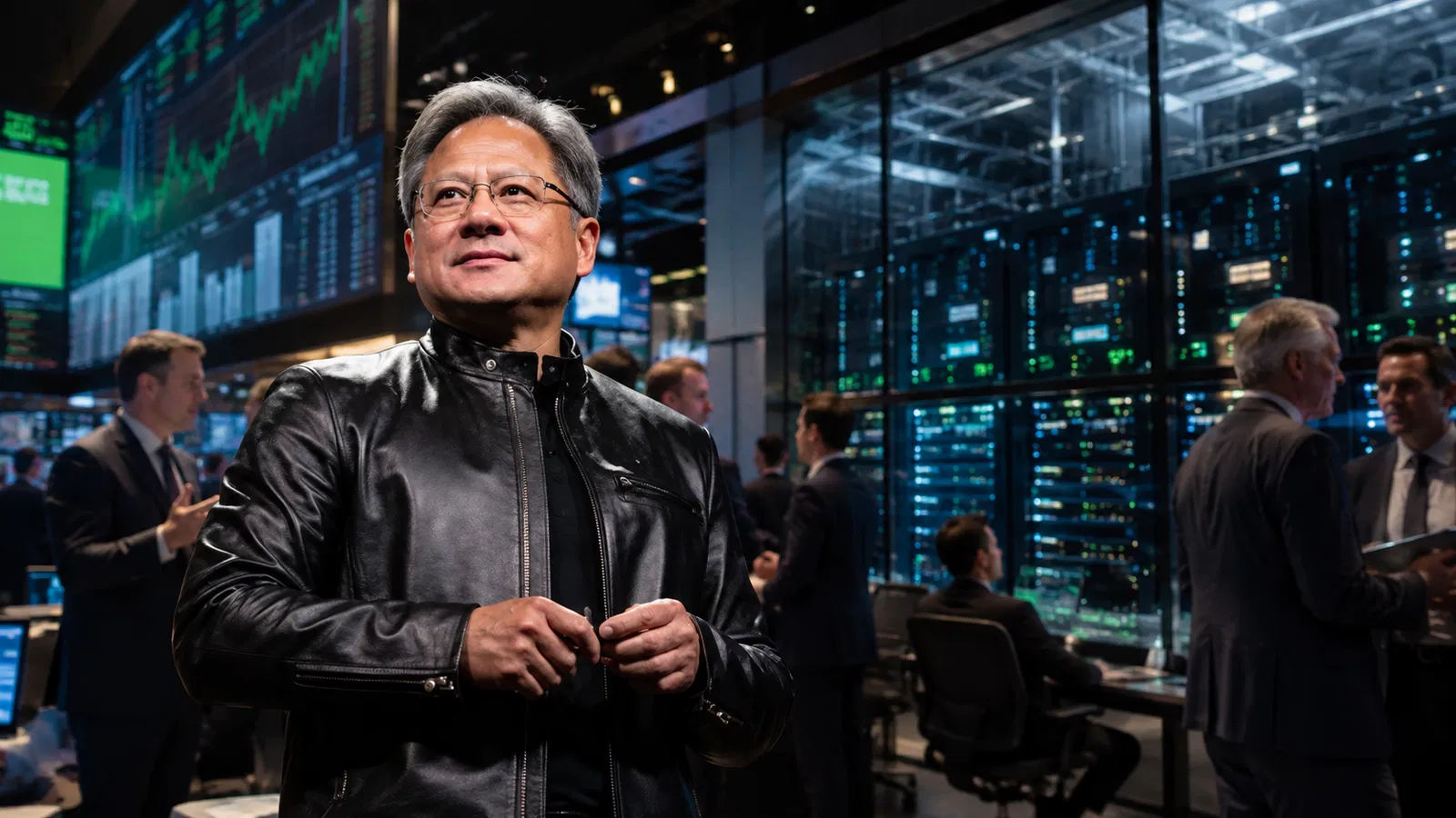 Foto real de Jensen Huang, skyline de Wall Street e campus de data center.