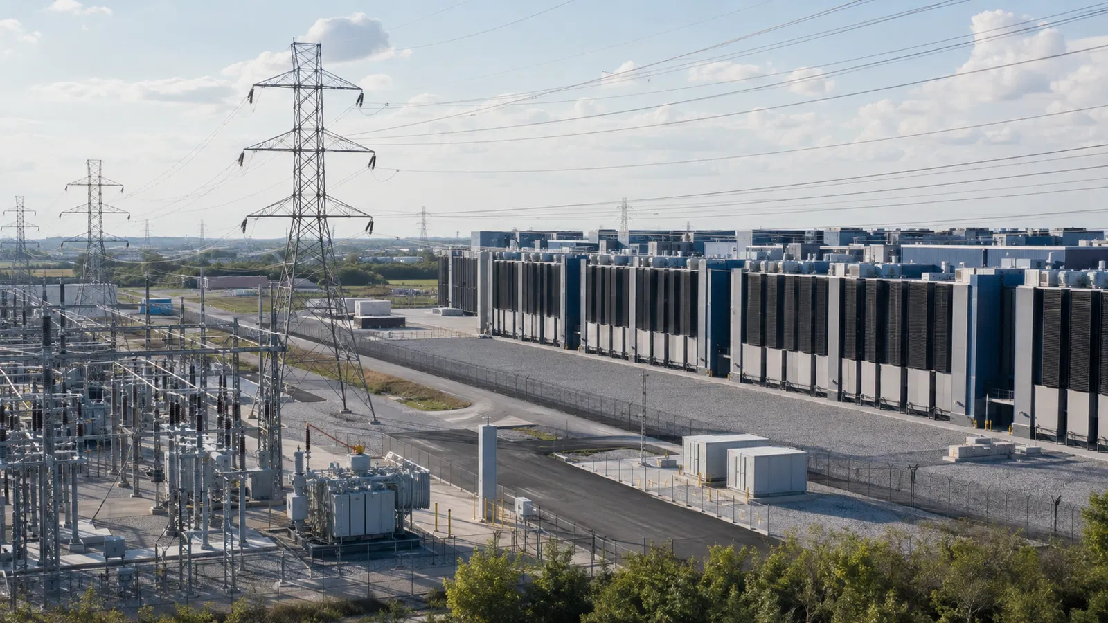 Foto real de Jensen Huang em contexto de tecnologia, com subestação elétrica e data center no Texas.