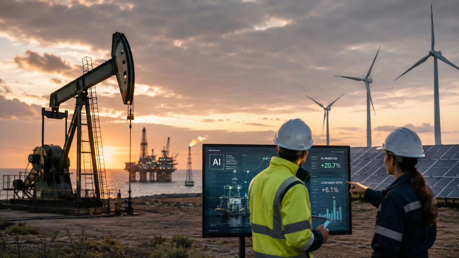 Plataforma de petróleo e parque de energia renovável conectados a data center.