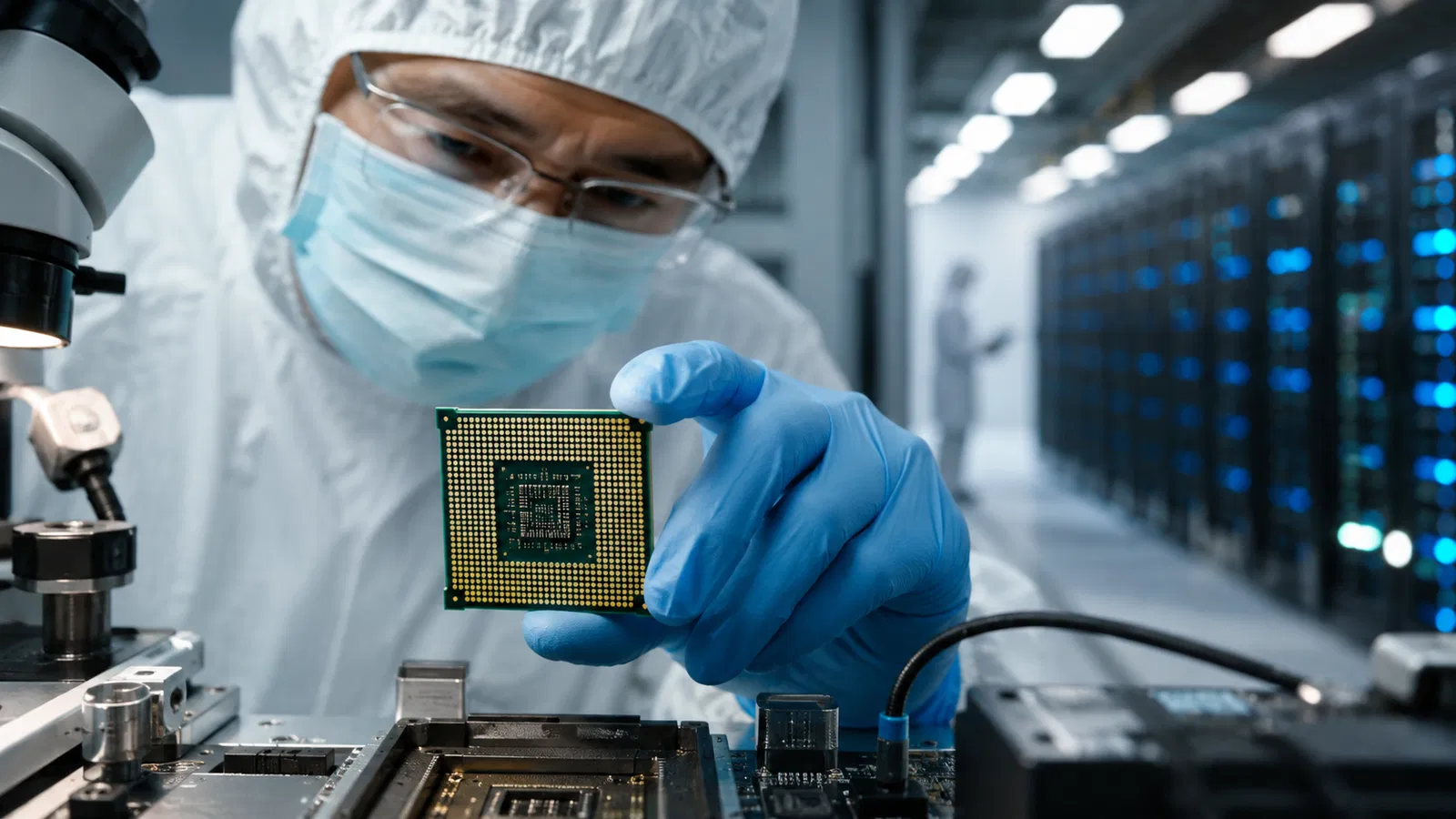 Chip AMD em laboratório e corredor de data center, fotografia macro realista.