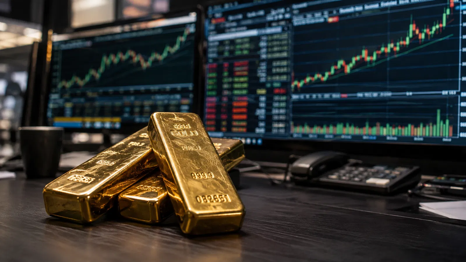 Barras de ouro reais sobre mesa institucional, com tela de mercado ao fundo.
