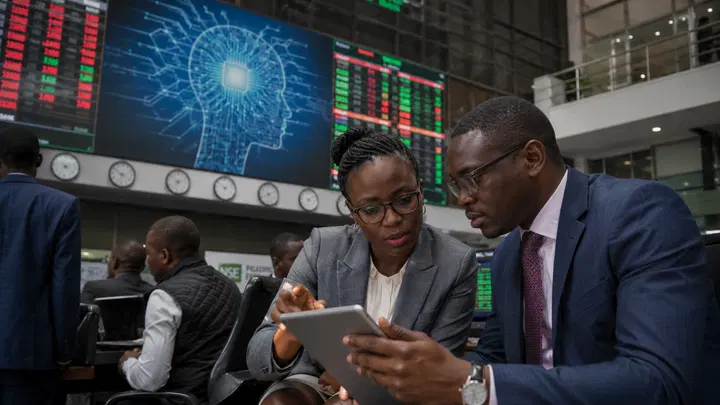 Bolsa de Nairóbi, investidores locais e telas de empresas globais de tecnologia.