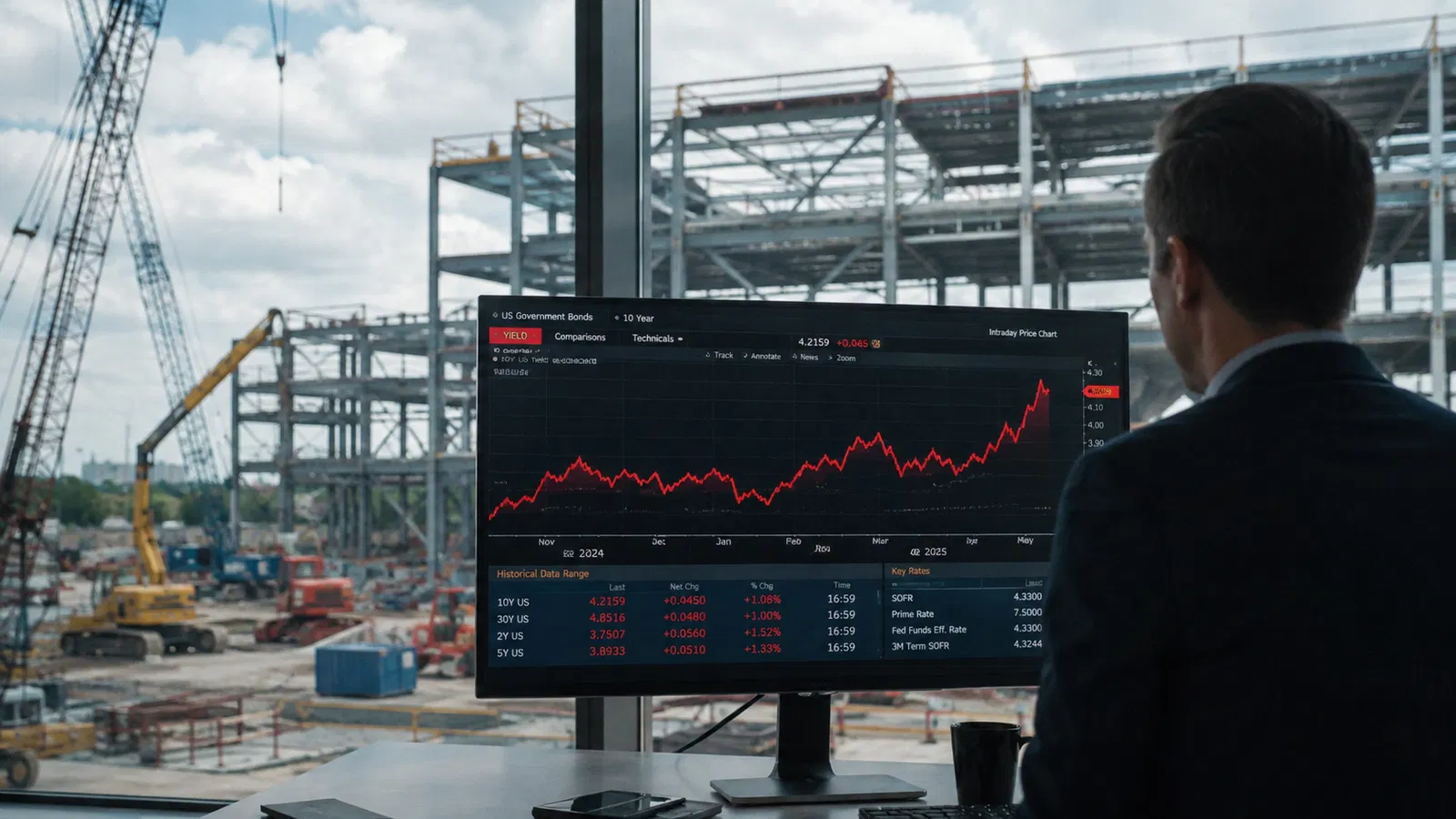 Data center em construção e tela de mercado de crédito.