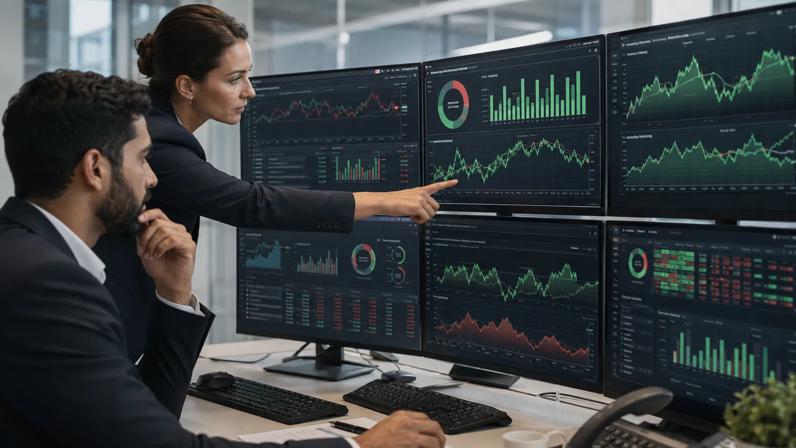 Painel de setores de bolsa com saúde, indústria e tecnologia em direções diferentes.