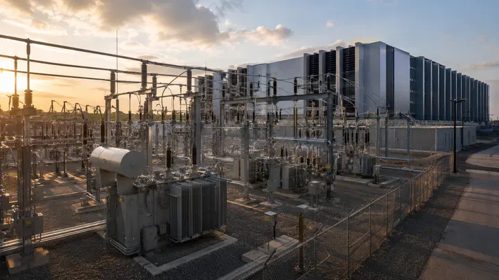 Foto real de Jensen Huang em contexto de tecnologia, com subestação elétrica e data center no Texas.