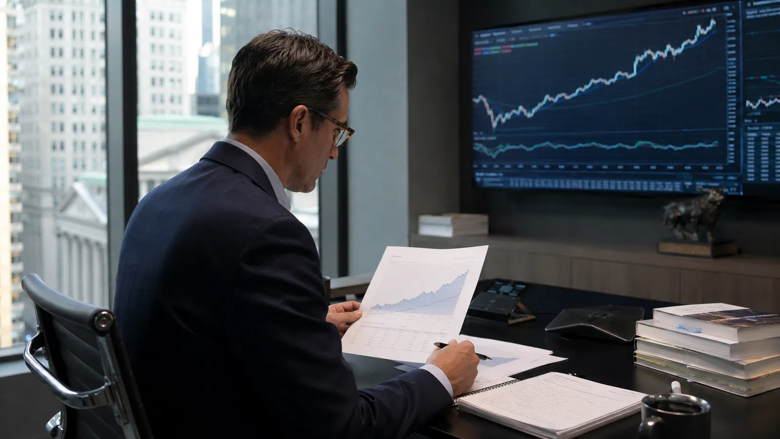 Prédio do JPMorgan, tela do S&P 500 e relatórios de resultados.