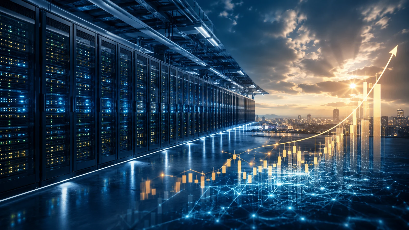 Imagem de capa com data center, nuvem digital e marca Amazon em composição financeira, formato 16:9.