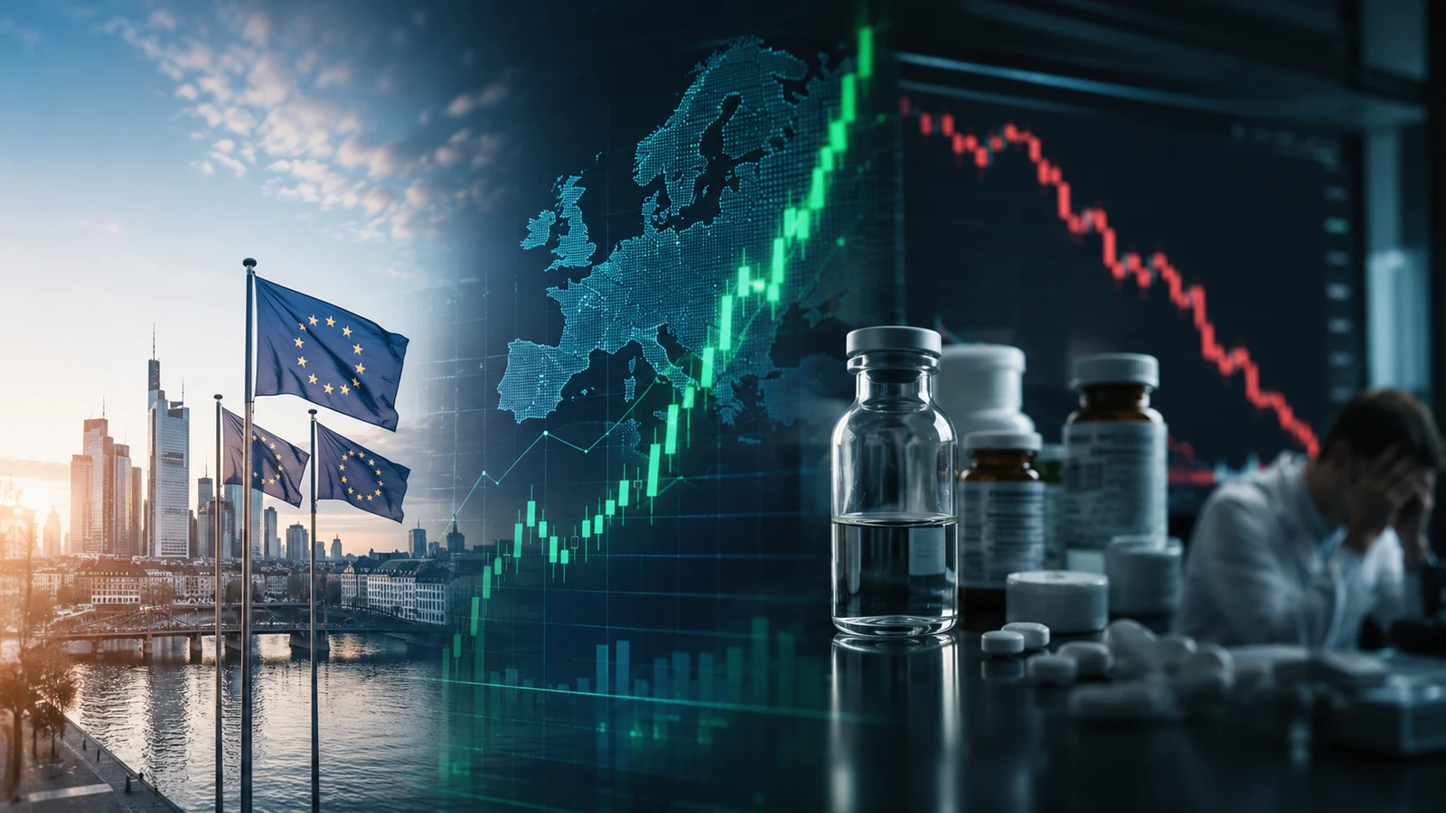 Imagem de capa com mapa da Europa, gráfico de ações e setor farmacêutico em destaque, formato 16:9.