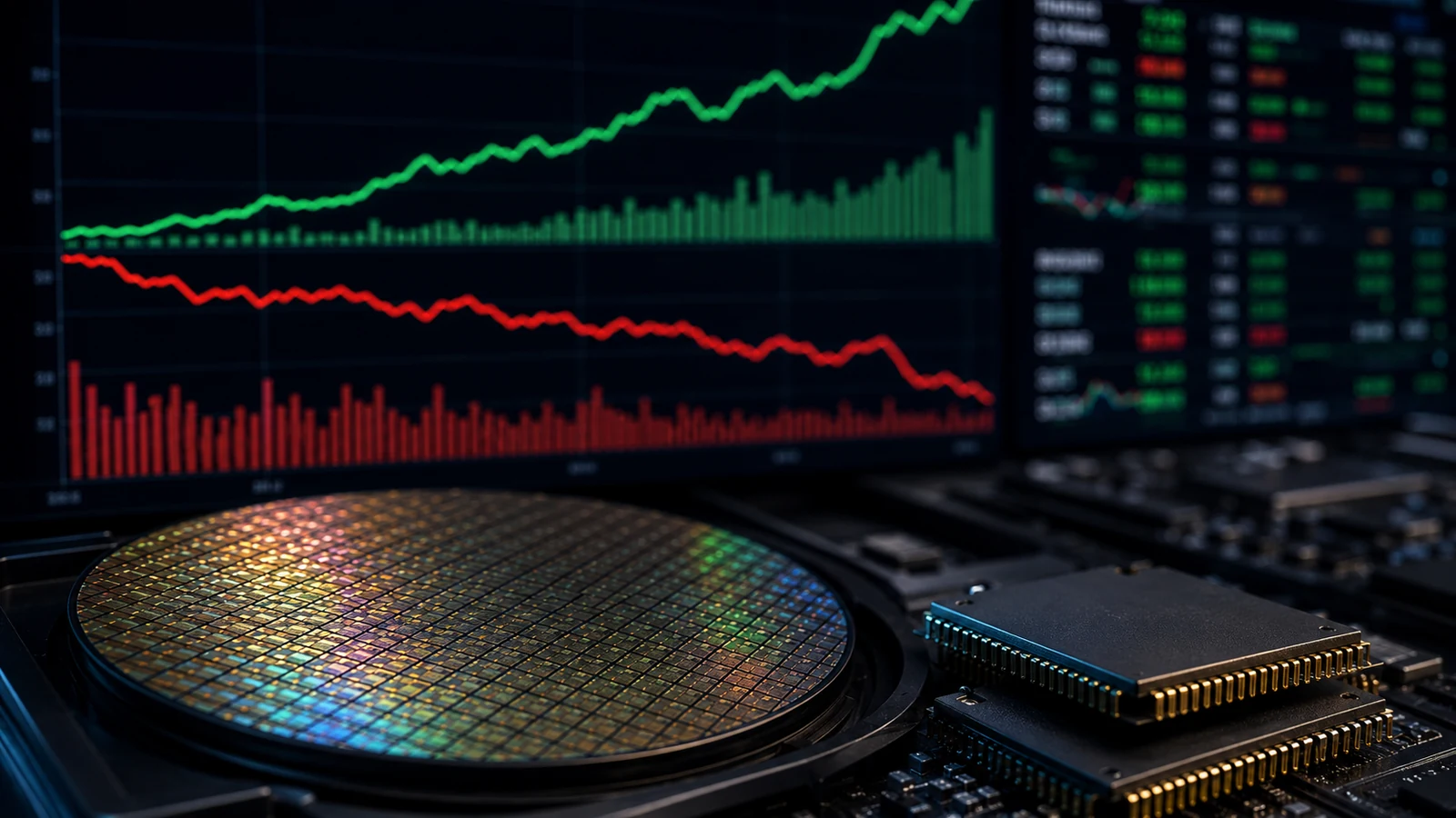 Imagem de capa com microchips, gráfico divergente entre Nasdaq e semicondutores, formato 16:9.
