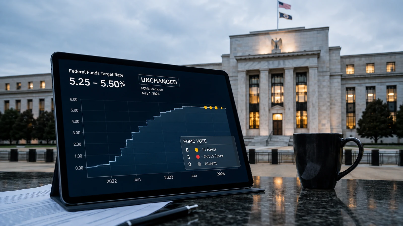 Imagem de capa do Federal Reserve com três votos destacados em painel abstrato, formato 16:9.