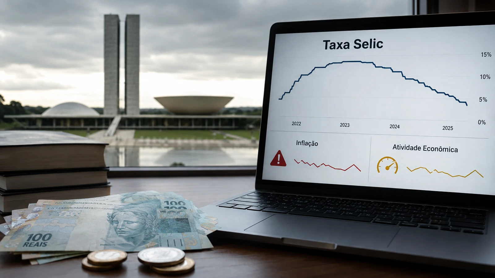 Imagem de capa com Banco Central do Brasil, taxa Selic em 14% e real brasileiro, formato 16:9.