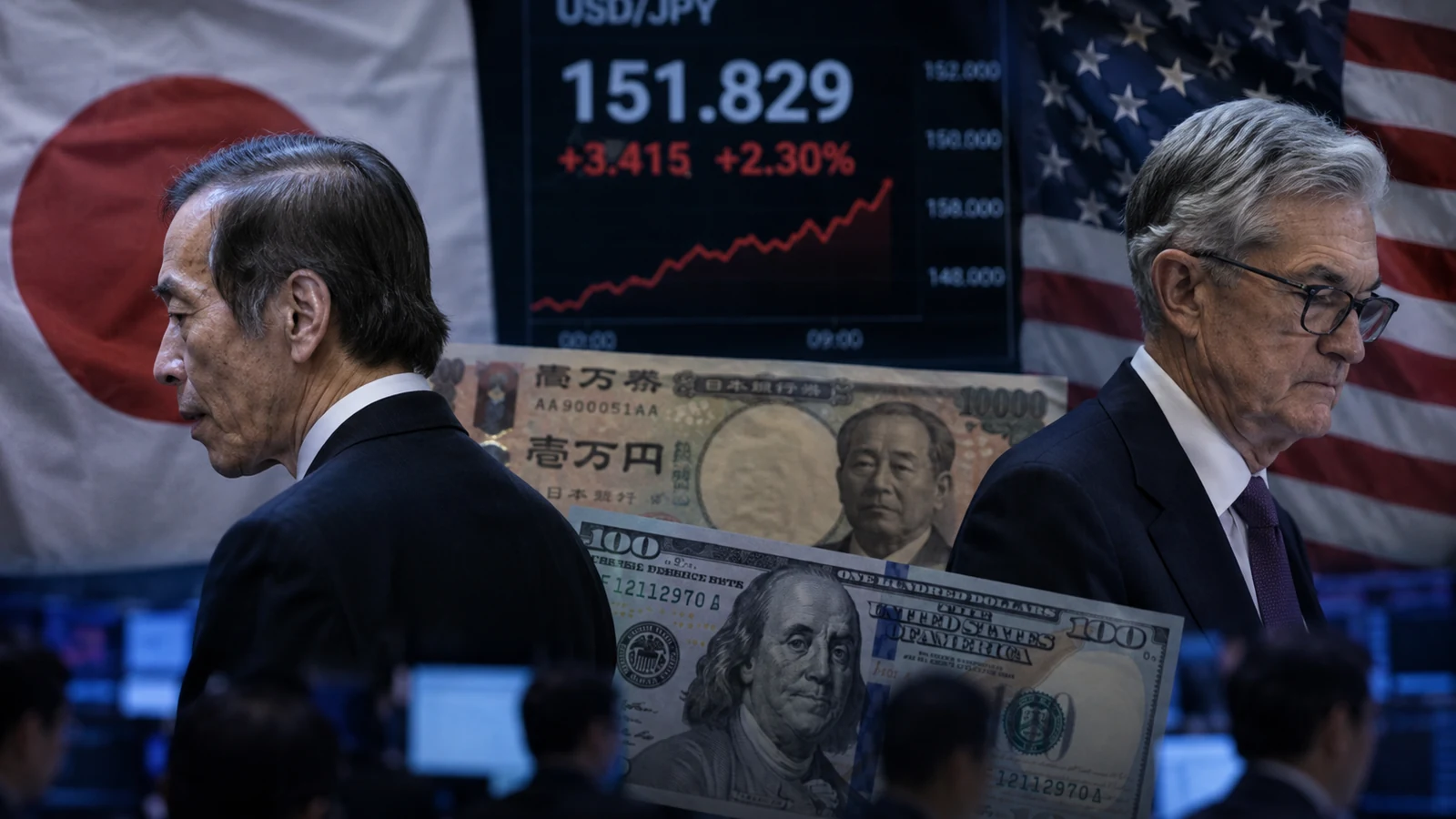 Imagem de capa com bancos centrais dos Estados Unidos e Japão conectados por gráfico cambial, formato 16:9.