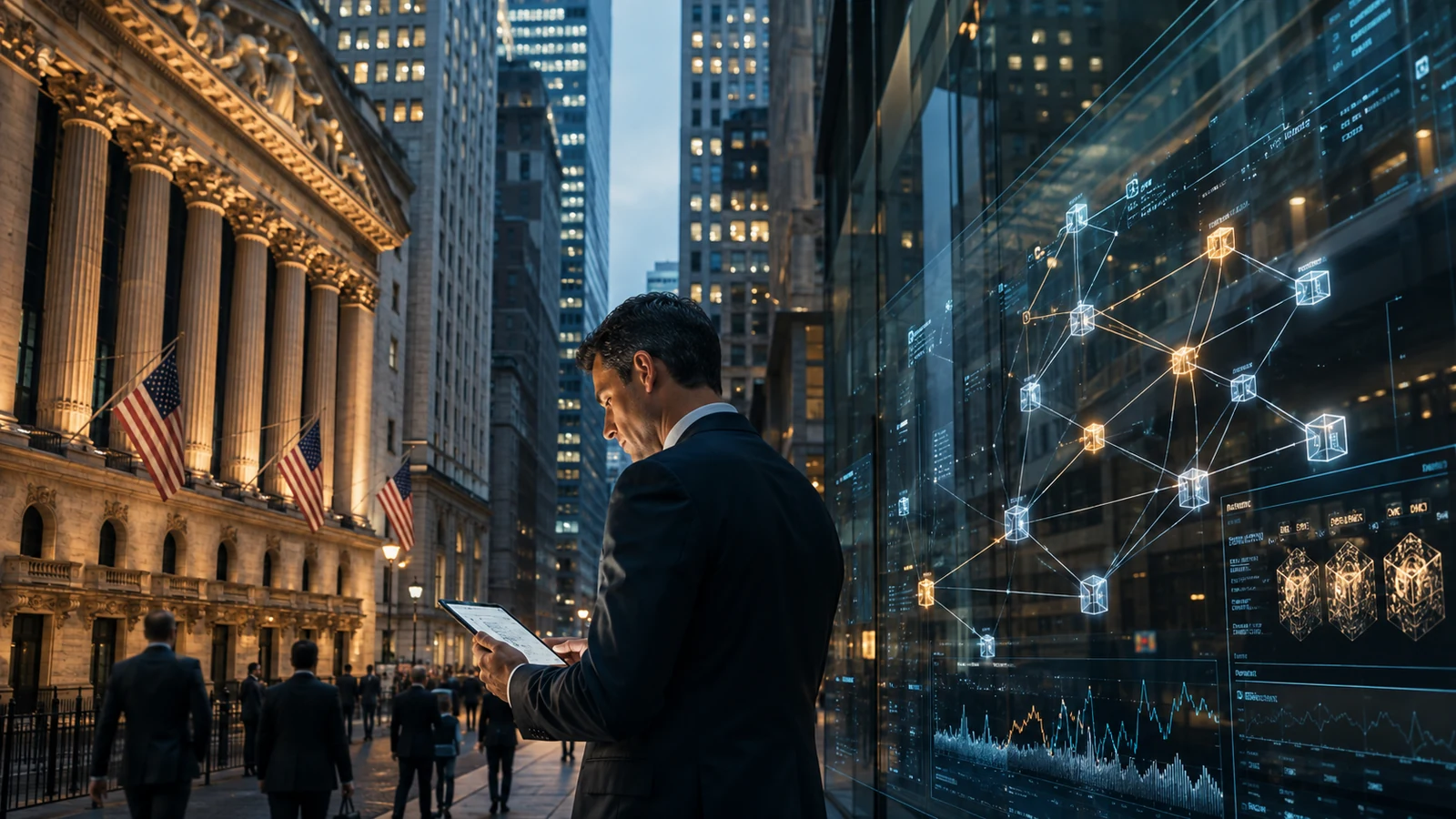 Imagem de capa com Wall Street, tokens digitais e infraestrutura de mercado, formato 16:9.