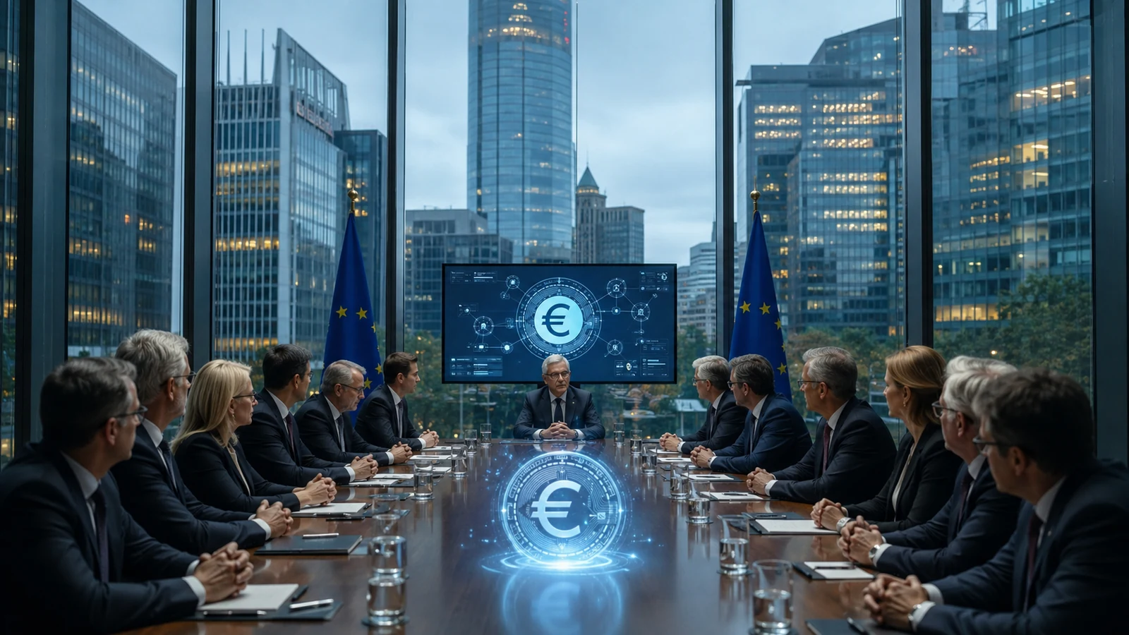 Imagem de capa com símbolo do euro digital, bancos europeus e rede blockchain, formato 16:9.