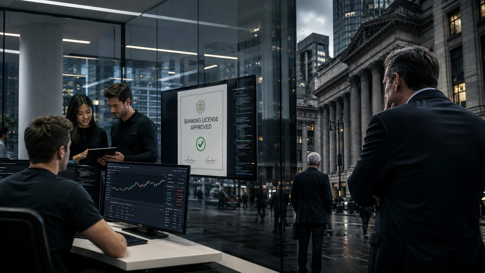 Imagem de capa com prédio bancário e símbolos digitais entrando pela porta principal, formato 16:9.