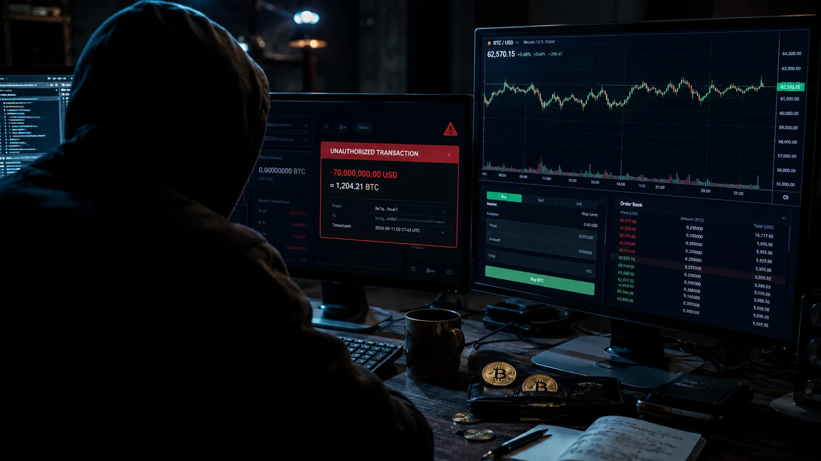 Imagem de capa com carteira física de bitcoin, cadeado rompido e código digital, formato 16:9.