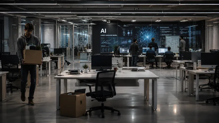 Imagem de capa com escritório vazio, data center em expansão e número de vagas cortadas, formato 16:9.