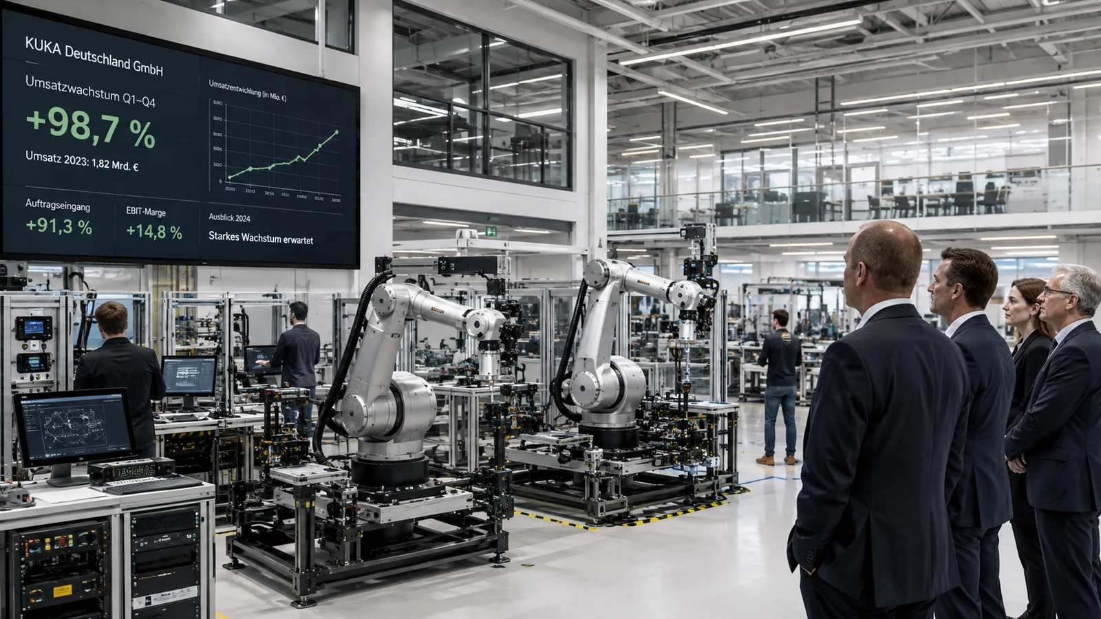 Imagem de capa com robôs industriais trabalhando em fábrica moderna, formato 16:9.