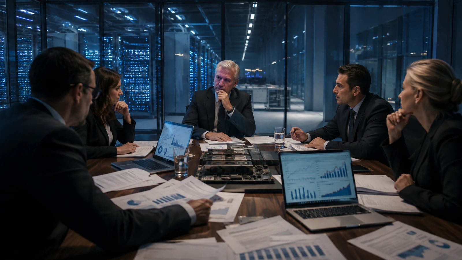 Imagem de capa analítica com data center financiado por pilhas de títulos corporativos, formato 16:9.